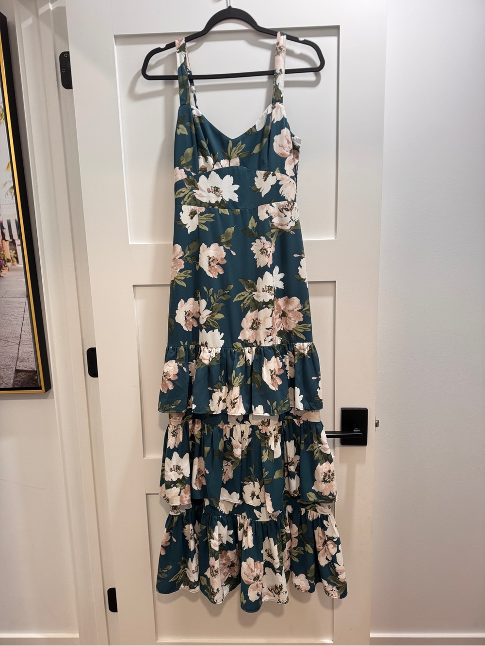 Floral Tiered Maxi Dress - Teal with Pink Blossoms